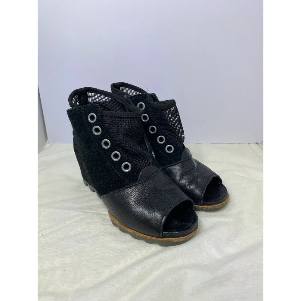 Sorel Suede Leather Open Toe Joanie Mesh Wedge, Black, size 8, womens - Picture 1 of 7